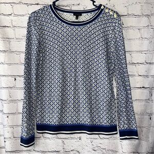 Talbots Long Sleeve Lightweight Navy Blue Print Sweater with Gold Button Detail